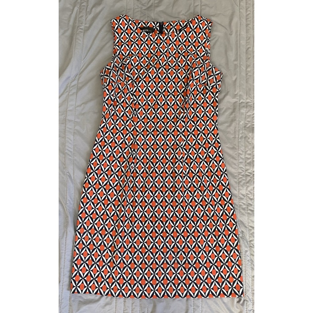 ALYX Limited Sheath Dress Women 8 Orange White Geometric Sleeveless Zip Feminine
